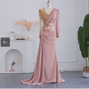 Elegant Pink and gold beaded Evening Gown long sleeve bridesmaid prom wedding